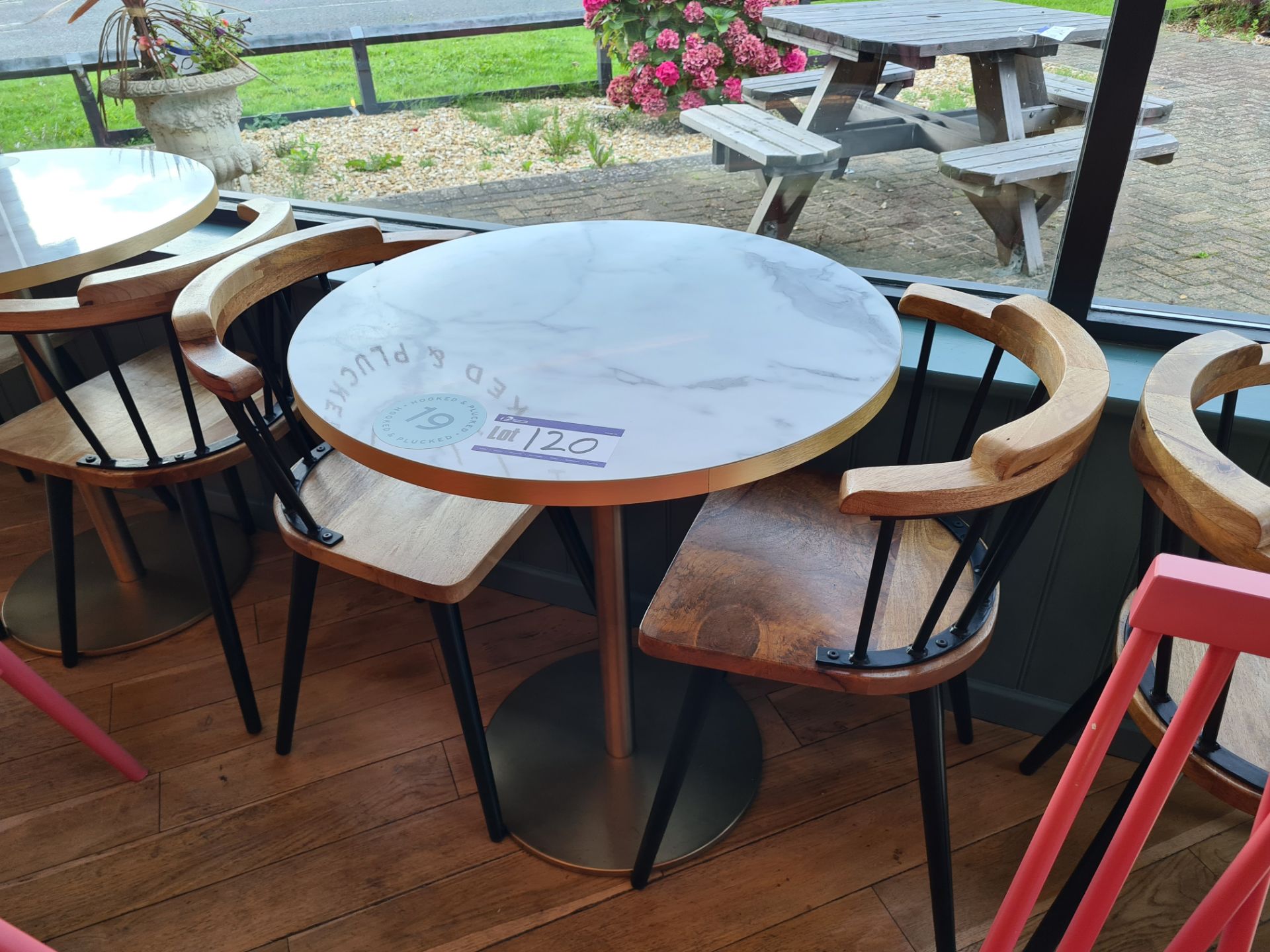 Circular Marble Effect Table, Approx. 0.7m Diameter x 0.75m Tall and Two Metal/Wooden Dining Chairs