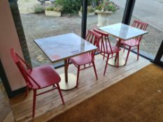 Two Square Marble Effect Tables, Approx. 0.7m (L) x 0.7m (W) x 0.75m (H) and Four Pink Wooden Dining