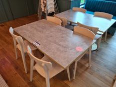 Two Rectangular Grey Marble Effect Tables, Approx. 1.4m (L) x 0.8m (W) x 0.75m (H) and Eight White