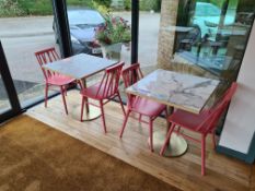 Two Square Marble Effect Tables, Approx. 0.7m (L) x 0.7m (W) x 0.75m (H) and Four Pink Wooden Dining