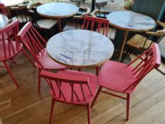 Circular Marble Effect Table, Approx. 0.7m Diameter x 0.75m Tall and Two Pink Wooden Dining Chairs