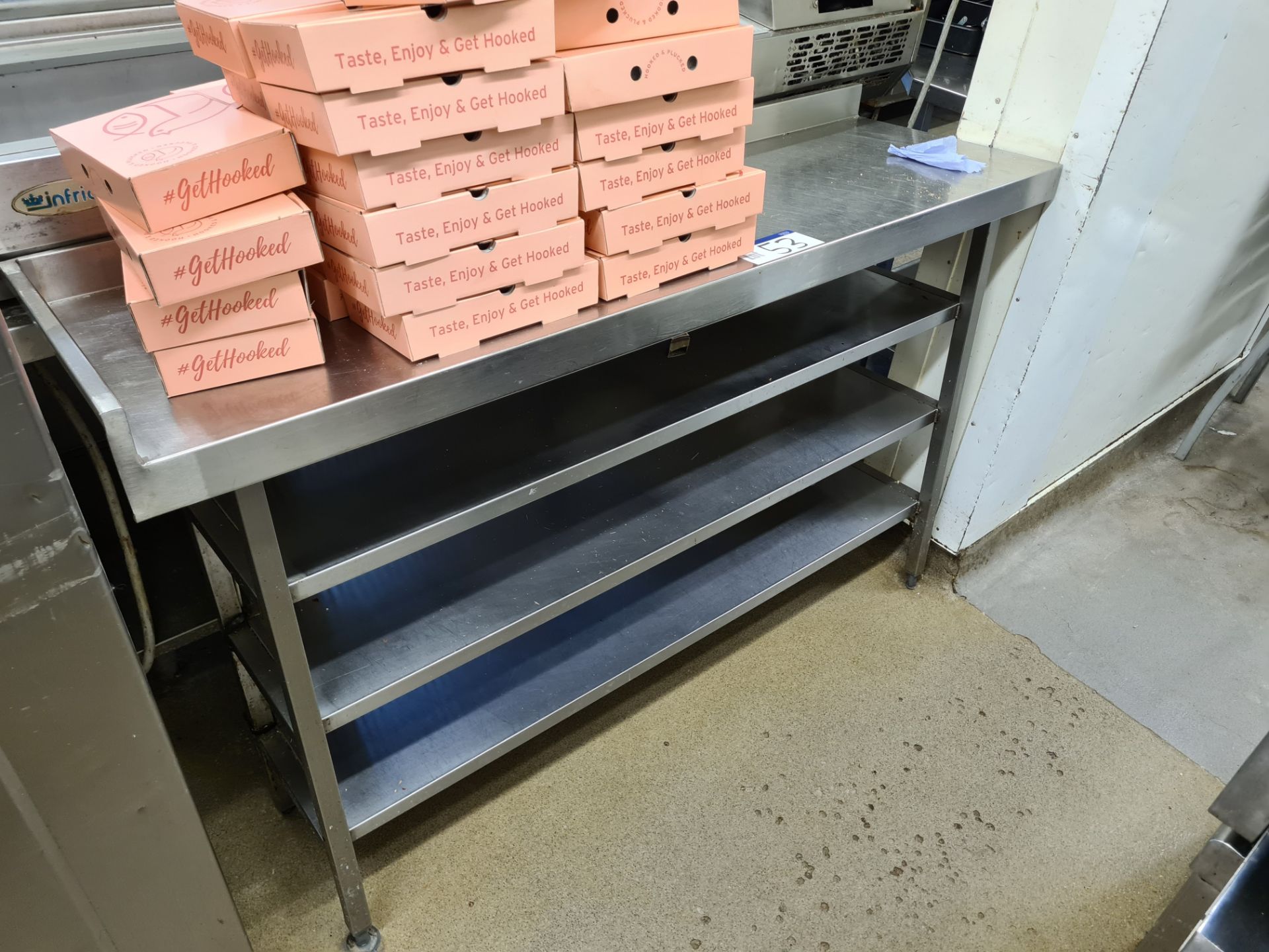 Stainless Steel Three Tier Prep Bench, Approx. 1.5m (L) x 0.5m (W) x 1m (H)