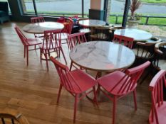Two Circular Marble Effect Tables, Approx. 0.9m Diameter x 0.75m Tall and Eight Pink Wooden Dining