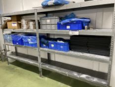 Contents of Racking, comprising plastic boxes, flat pack cardboard boxes, plastic bags and