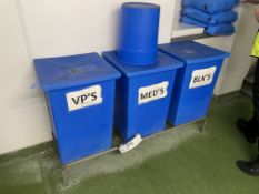Three Plastic Bins, with stainless steel stand and contents Please read the following important
