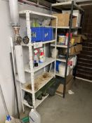 Two Steel Racks, with contents including cleaning sundries and mops/ buckets, on floorPlease read