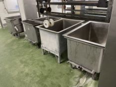 Four Tug-Lift Stainless Steel Product Bins, each approx. 1050mm x 700mm x 600mm deep, with one tug