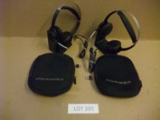 Two Plantronics Voyager Focus UCB825 Bluetooth Headsets with Dongle & StandPlease read the following