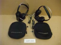 Two Plantronics Voyager Focus UCB825 Bluetooth Headsets with Dongle & StandPlease read the following