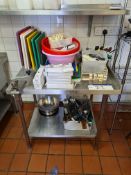 Stainless Steel Two Tier Bench and Contents, Including Chopping Boards, Untensils, etc