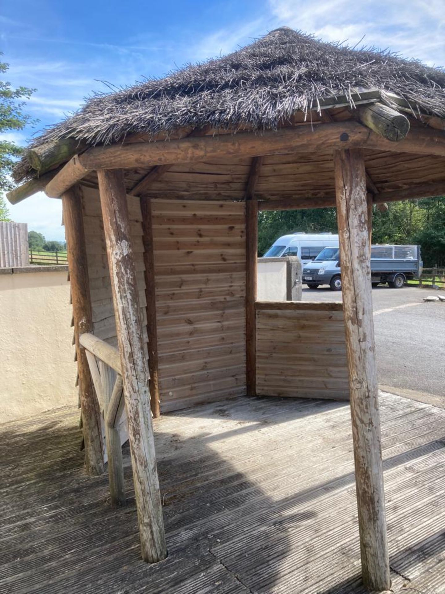 Thatched Roof Gazebo, approx. 3m x 3m, with decking (vendors comments - buyer to remove, good