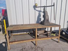 Denbigh Fly Press, mounted on thick steel work bench, with second press, punch and tools (as