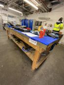 Timber Framed Workshop Bench, approx. 3m x 900mm, with Record no. 3 4in. bench vice and contents
