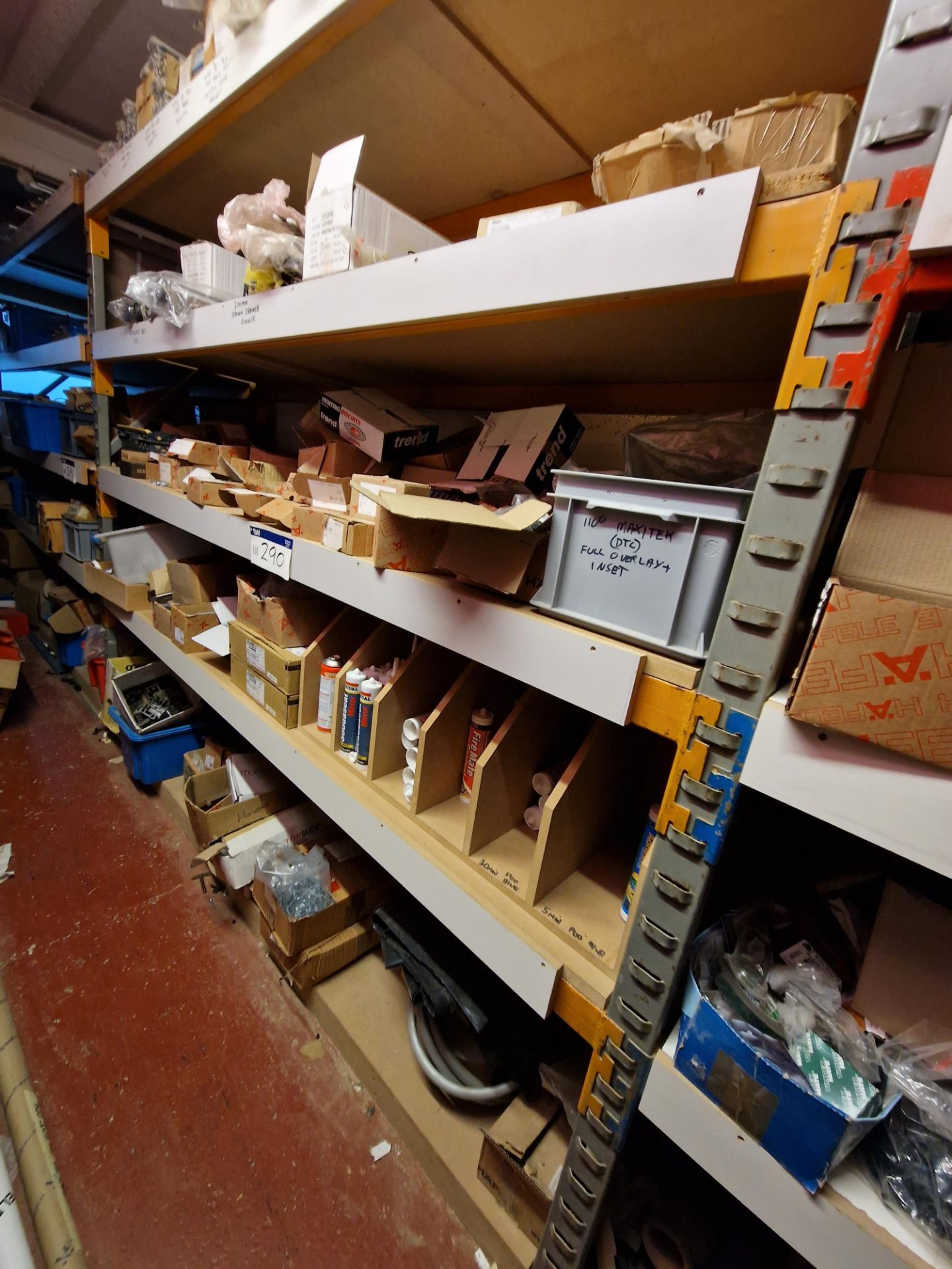 Contents to One Bay of Racking, including Fixtures, Fittings, Bolts, Drawer Runners, Bar Legs,