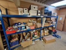 Contents to Two Bays of Racking, including plugs, sockets, ceiling Lights, Spotlights, Light