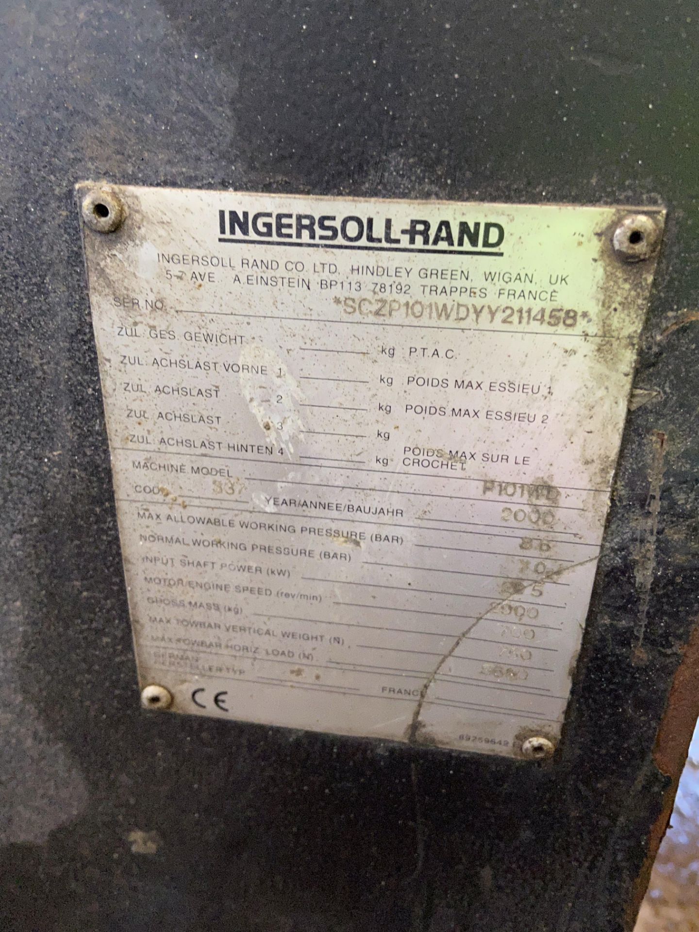 Ingersoll-Rand 337 TRAILER MOUNTED AIR COMPRESSOR, serial no. SCZP101WDYY211458, year of manufacture - Image 3 of 5