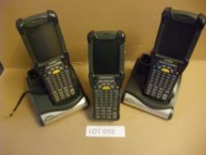 Three Motorola MC9090 Barcode Scanners, with two charging bases (note - no power supply units)