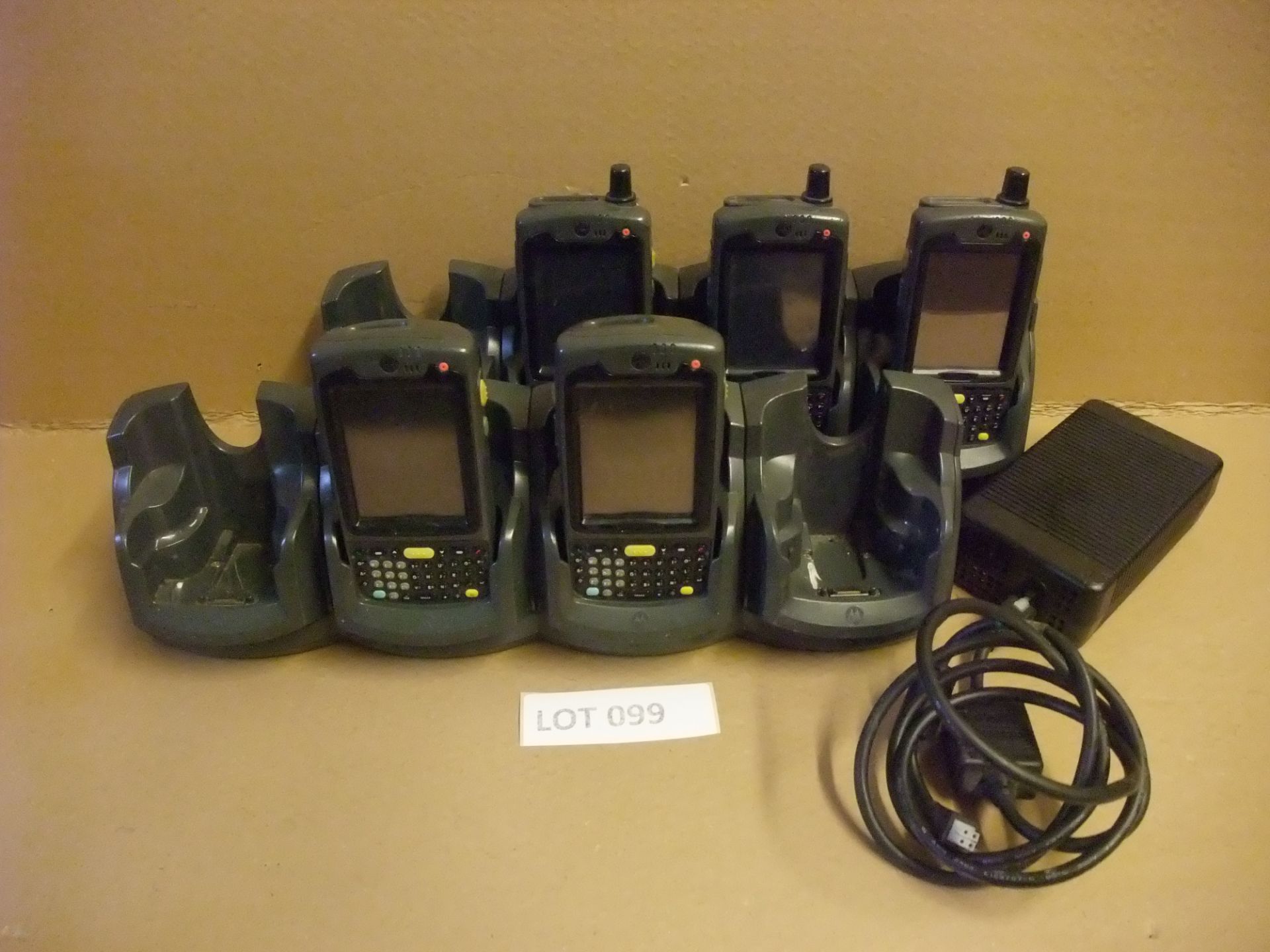 Five Motorola N410 Barcode Scanners, with two 4-bay chargers (note - one power supply unit only)
