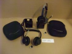 Two Plantronics Voyager Focus UCB825 Bluetooth Headset, with dongle and standPlease read the