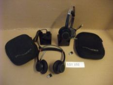 Two Plantronics Voyager Focus UCB825 Bluetooth Headset, with dongle and standPlease read the