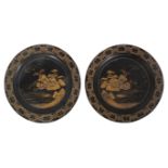 Two Chinese Parcel Gilt Black Lacquer Chargers