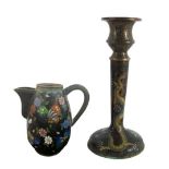 Chinese Cloisonne on Brass Candlestick & Teapot