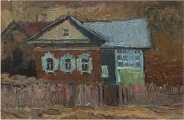 "Haus in Rot und Blau", Öl/Mp., unsign., verso. Reste eines russischen Stempel, 24,5x35 cm, Rahmen