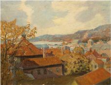 Impressionist "Herbstliche Stadt am Meer", Öl/Lw., unsign., kl. Farbabplatzungen, 48x60 cm, ungerah
