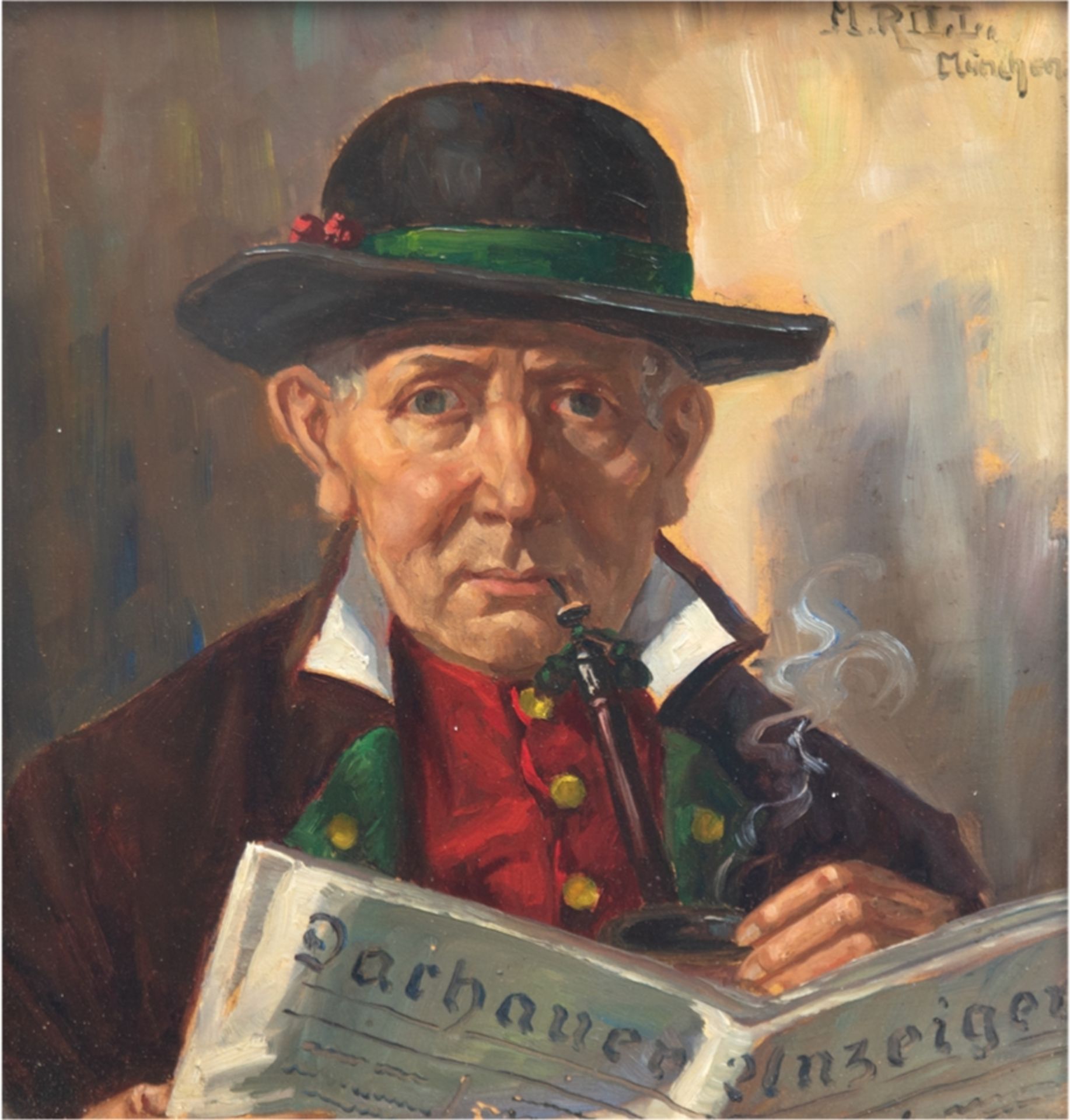 Rill, M. "Herr mit Hut, Pfeife und Zeitung", Öl/Mp., sign. o.r. mit Ortsangabe "München", 39x33,5 c