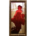 Jugendstil-Hinterglasmalerei "Junge Frau vor Landschaft stehend", 84x35 cm, Rahmen