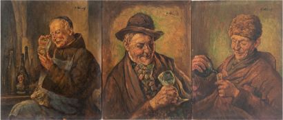 3 Porträts "Mönch mit einer Flasche", "Herr mit Weinglas" und "Ein Schluck nach getaner Arbeit", Öl
