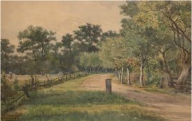 Breitbach, Carl (1833-1904) "Waldweg mit Blick auf ein Feld bei der Ernte", Aquarell/Papier, sign. 