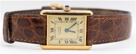 Cartier-Damenarmbanduhr "Must de Cartier", Vermeil, 925er Silber, vergoldet, Quarzwerk, rechteckig,
