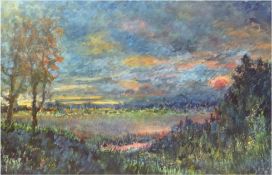 Landschaftsmaler um 1900 "Landschaft bei Sonnenaufgang", Aquarell, unsign., 48x70 cm, im Passeparto