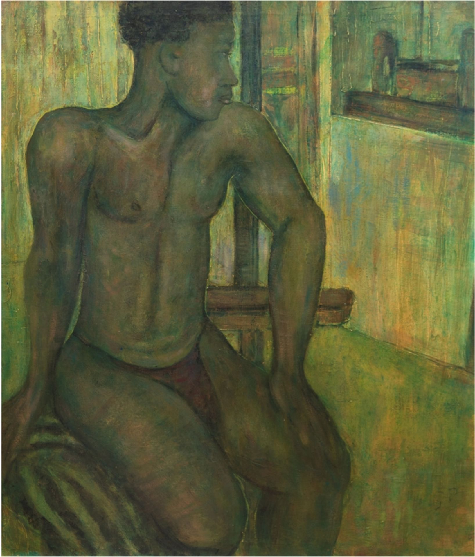 Monogrammist "S.P. "(Französische Schule?) "Porträt eines sitzenden Schwarzafrikaners", um 1960, Öl