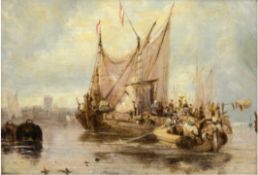 Gudin, Herminie (1825 Paris-1873 ebenda) zugeschrieben "Fischerboote in einem Hafen", Öl/Eichenholz