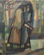 Monogrammist "ITM" "Treffen beim Spaziergang", Expressionist um 1940/50, Öl/Mp., min. Farbfehlstell