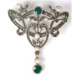 Jugendstil-Brosche, 925er Silber, verschlungene Form, besetzt mit Turmalin, Perlen und Markasiten,