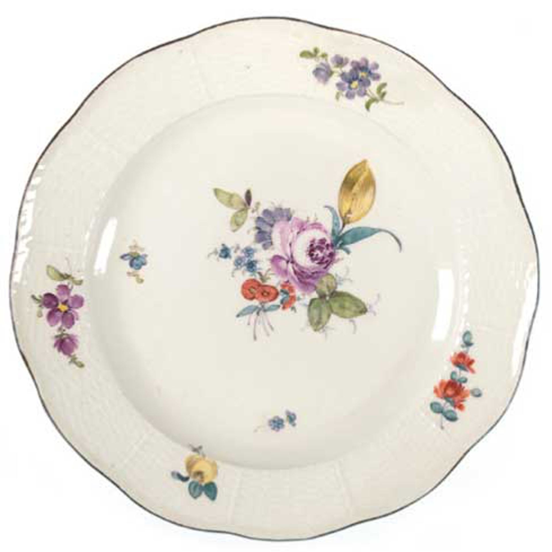 Meissen-Speiseteller, um 1745, Buntes Blumenbukett, dunkelbrauner Rand, Altosier, 1. Wahl, Standrin