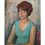 Jorn? (Leipziger Schule) "Sitzendes Frauenporträt um 1960", Öl/Lw., sign. o.l., 72x58 cm, Rahmen
