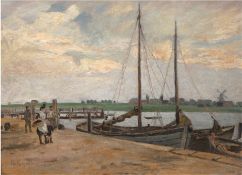 Rozynski, Kurt von (1864 Schippenbeil in Ostpreußen-1940 wohl Königsberg) "Hafen am Bodden", Öl/Lw.