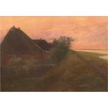 Joens, Ella (1852 Plön-1917 Kiel) "Reetdachhaus im Sonnenuntergang", Öl/Lw., sign. u.r., 47x64 cm,