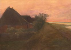 Joens, Ella (1852 Plön-1917 Kiel) "Reetdachhaus im Sonnenuntergang", Öl/Lw., sign. u.r., 47x64 cm, 