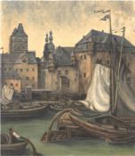 Landschaftsmaler um 1900 "Hafenstadt mit anliegenden Booten", Öl/Lw., undeutl. sign. u.r., 51x41 cm