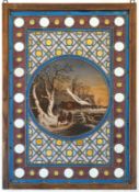 Hinterglasbild "Reiter in der Abenddämmerung", farbiges Glas in Bleiglaseinfassung, 63,5x43,5 cm