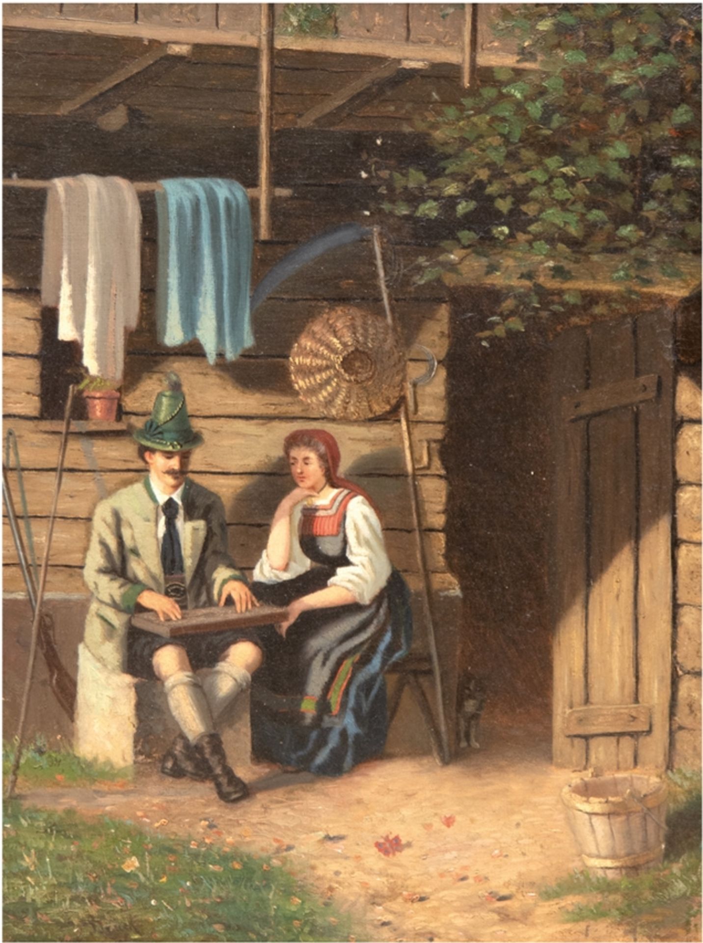 Brück (Deutscher Maler des 19. Jh.) "Zitherspieler mit einer Magd vor einer Berghütte", Öl/Lw., sig
