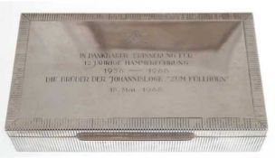 Deckeldose der Johannisloge "Zum Füllhorn" Lübeck, 925er Silber, 450 g, Deckel mit Widmungsgravur v