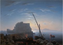Romantiker um 1870 "Bucht von Neapel und Insel Pricda mit Festung Terra Murata", Öl/Lw., doubliert,