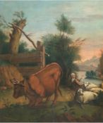 Landschaftsmaler (Niederlande 17./18. Jh.) "Gebirgige Flußlandschaft mit Viehhirtin", Öl/Eichenholz