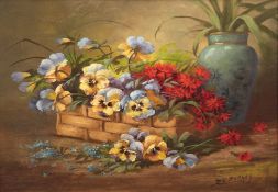 Deburges (um 1900) "Stilleben mit Blumenkorb und Vase", Öl/Lw., signiert u.r., 2 Hinterlegungen, 38